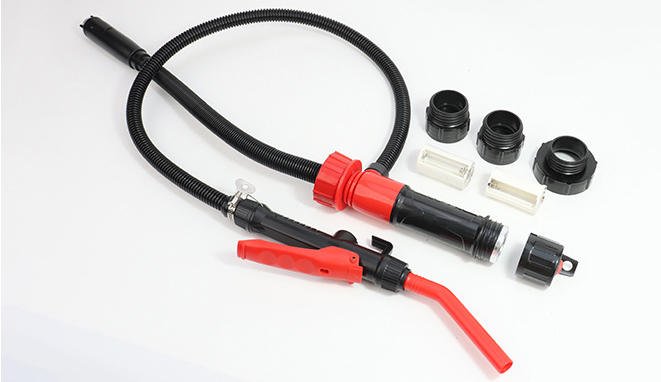 Cordless fuel transfer pump compatible with DeWalt 20V and Milwaukee 18V batteries