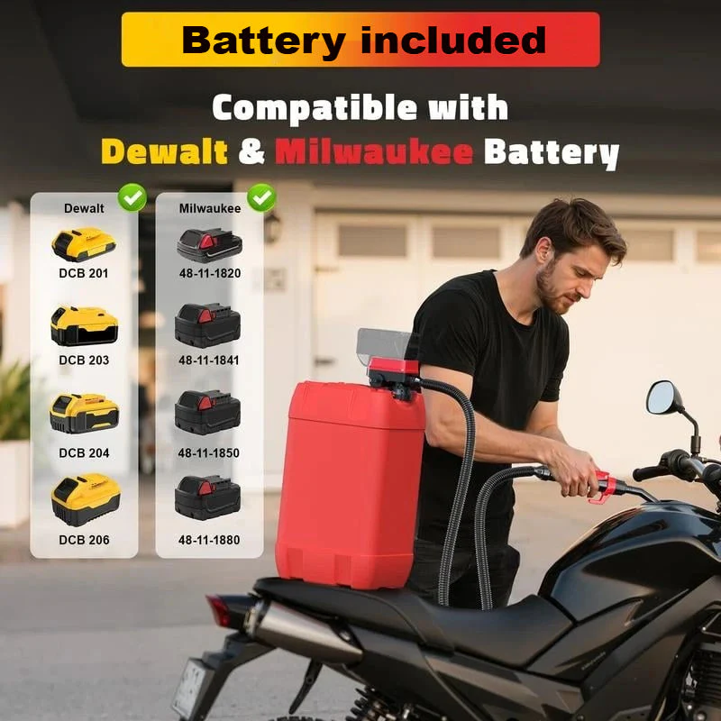 Cordless fuel transfer pump compatible with DeWalt 20V and Milwaukee 18V batteries