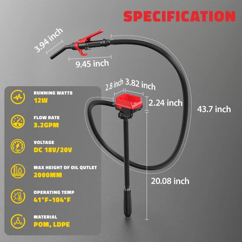 Cordless fuel transfer pump compatible with DeWalt 20V and Milwaukee 18V batteries