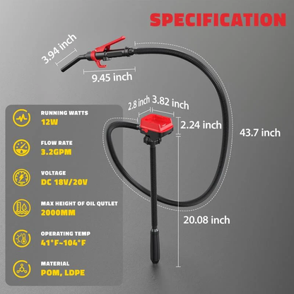 Cordless fuel transfer pump compatible with DeWalt 20V and Milwaukee 18V batteries