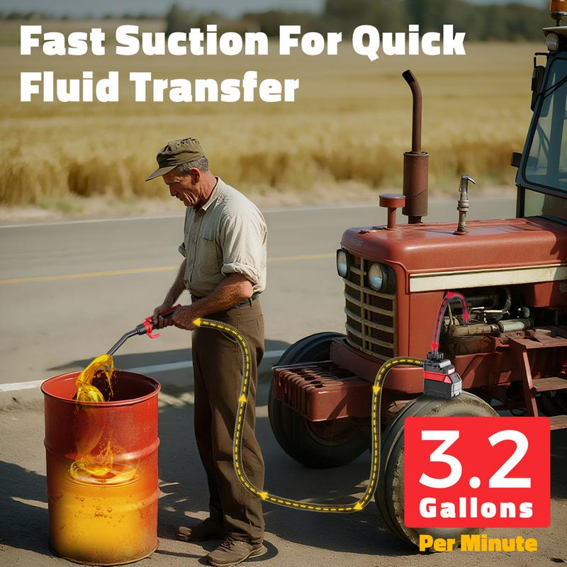 Cordless fuel transfer pump compatible with DeWalt 20V and Milwaukee 18V batteries